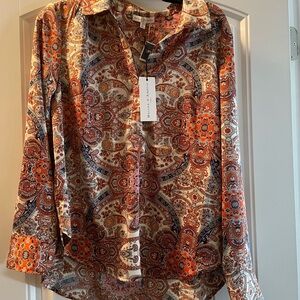 Orange and Cream Notched Collar Buttoned Blouse